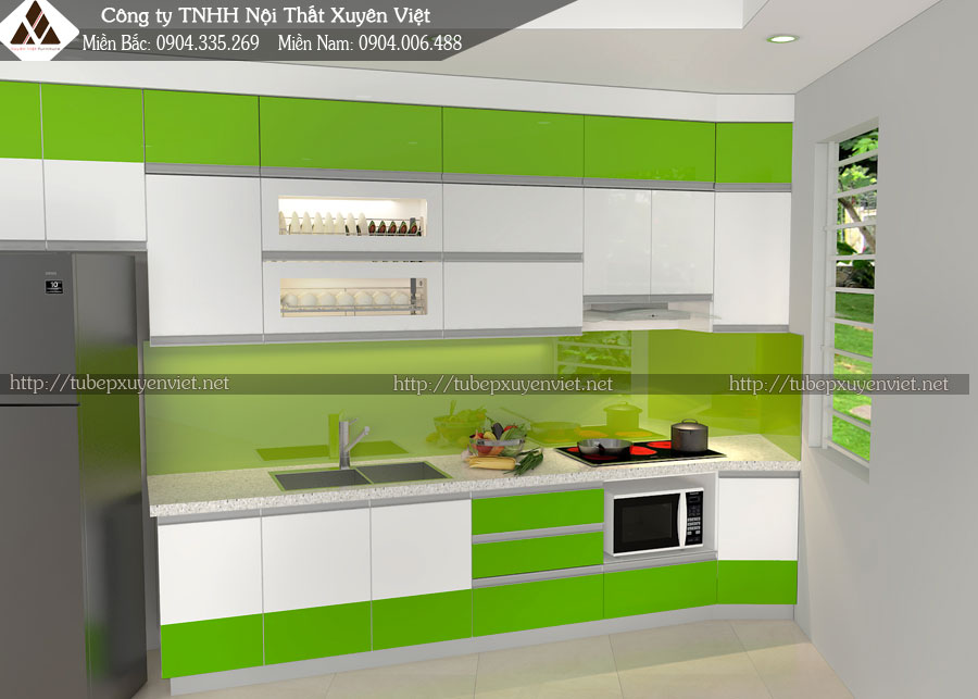 Mẫu tủ bếp màu xanh lá cây nhựa PVC chữ i Xuyên Việt 7