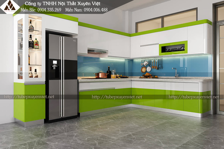 Mẫu tủ bếp màu xanh lá cây nhựa PVC chữ l Xuyên Việt 10