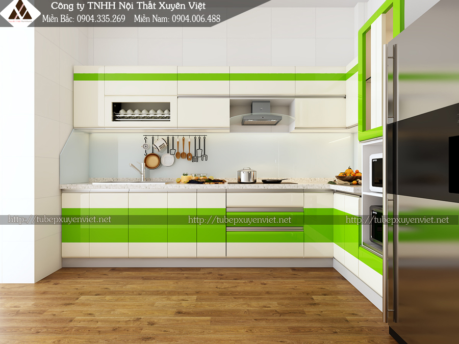 Mẫu tủ bếp màu xanh lá cây nhựa PVC chữ l Xuyên Việt 3