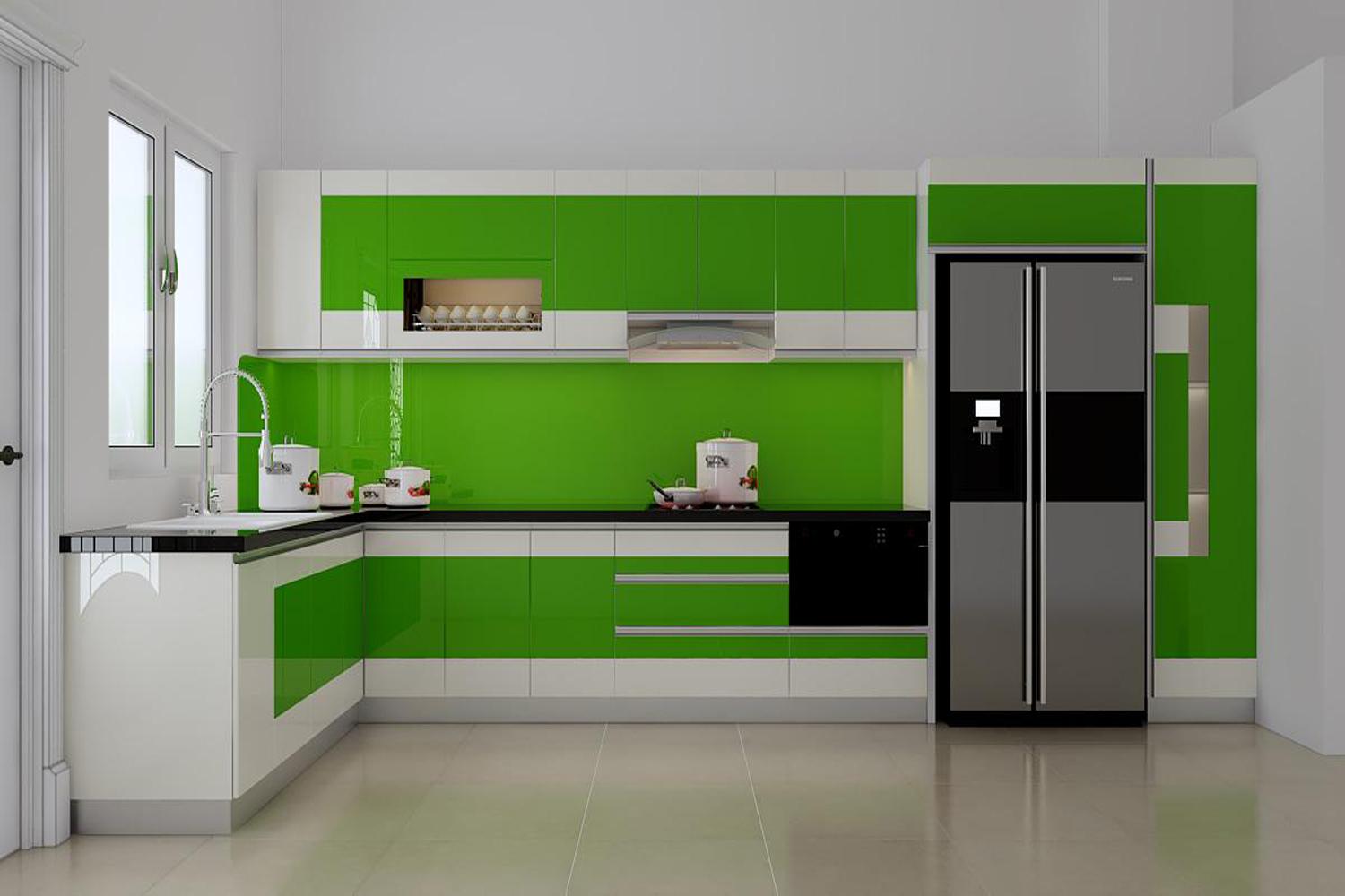 Mẫu tủ bếp màu xanh lá cây nhựa PVC chữ l Xuyên Việt 4