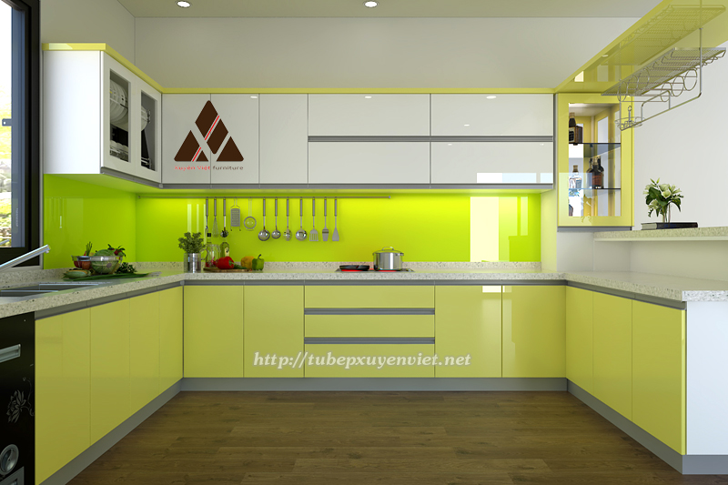 Mẫu tủ bếp màu xanh lá cây nhựa PVC chữ U Xuyên Việt 4