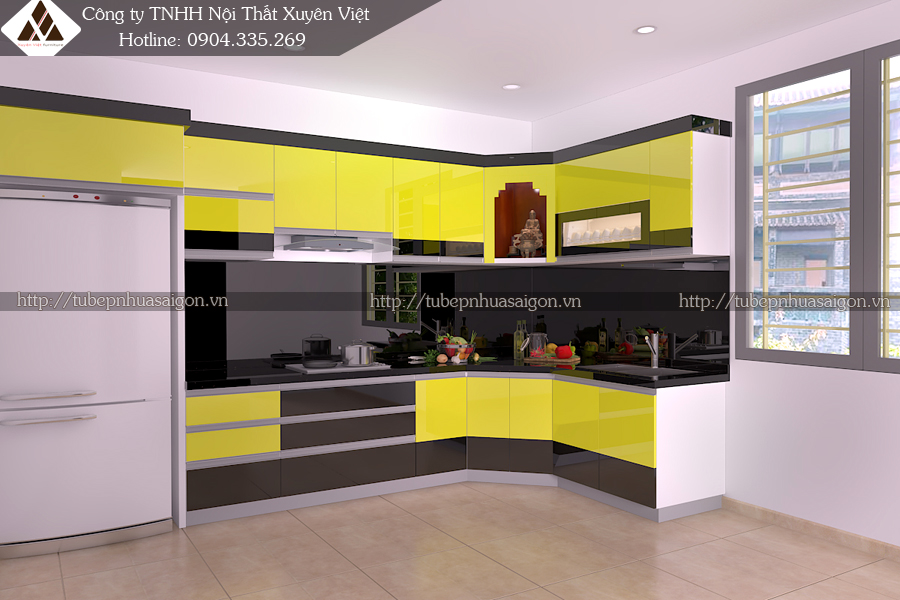 Tủ bếp hiện đại châu Âu với màu sắc đen vàng