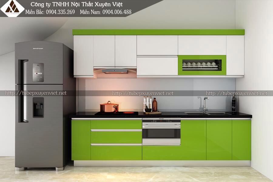 Mẫu tủ bếp màu xanh lá cây nhựa PVC chữ i Xuyên Việt 2