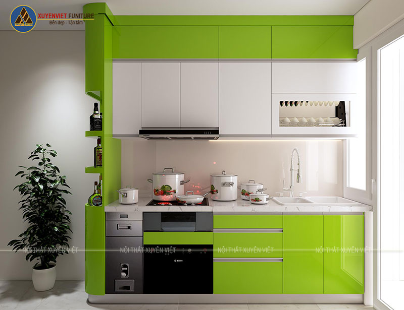 Mẫu tủ bếp màu xanh lá cây nhựa PVC chữ i Xuyên Việt 4