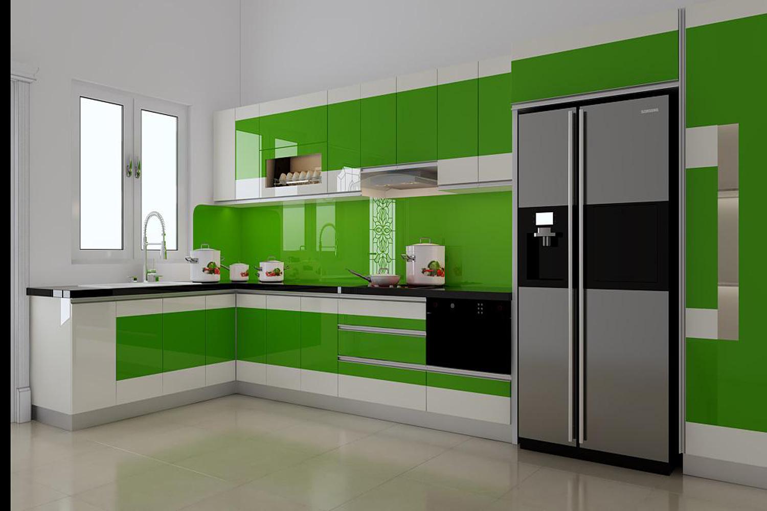 Mẫu tủ bếp màu xanh lá cây nhựa PVC chữ l Xuyên Việt 5