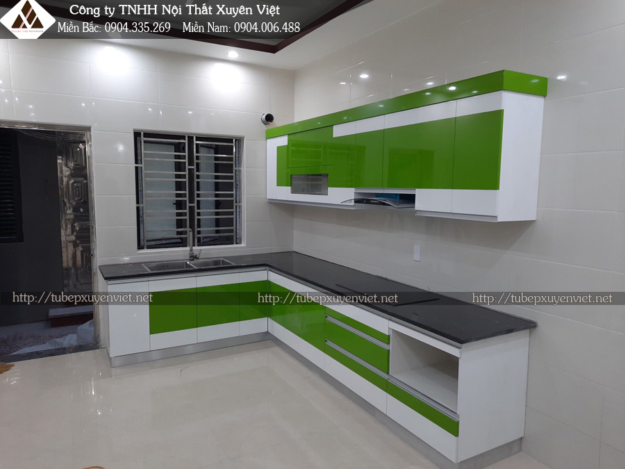 Mẫu tủ bếp màu xanh lá cây nhựa PVC chữ l Xuyên Việt 9