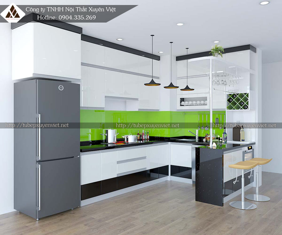 Mẫu tủ bếp màu xanh lá cây nhựa PVC chữ U Xuyên Việt 1