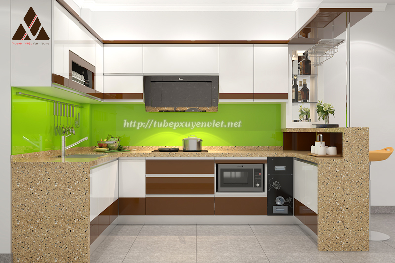 Mẫu tủ bếp màu xanh lá cây nhựa PVC chữ U Xuyên Việt 8