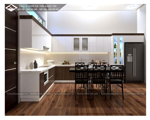 Tủ bếp nhựa hiện đại đẳng cấp với màu vân gỗ nhà chị Trang, Hải Phòng