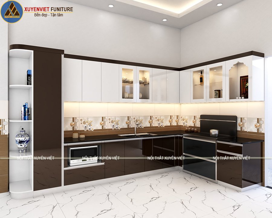 Tủ bếp hiện đại tông trắng nâu được Xuyên Việt thiết kế cho nhà chị Ngân - quận 8