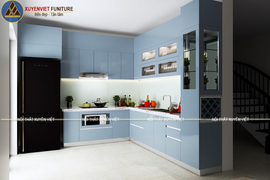 Tủ bếp hiện đại tông xanh cuốn hút mọi ánh nhìn