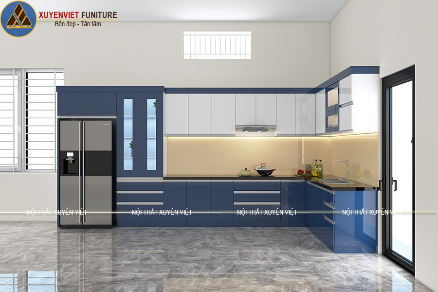 Tủ bếp đẹp phủ acrylic tông xanh trắng nhà chị Tiên Đồng Nai
