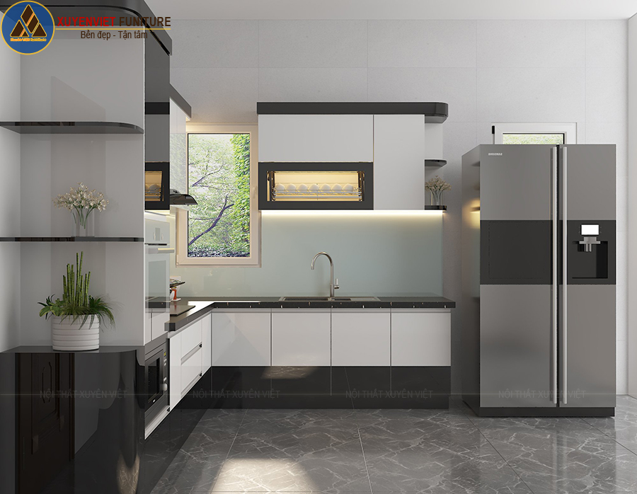 Hệ tủ bếp với tone trắng đen hiện đại nhà chị Hạnh - Long An