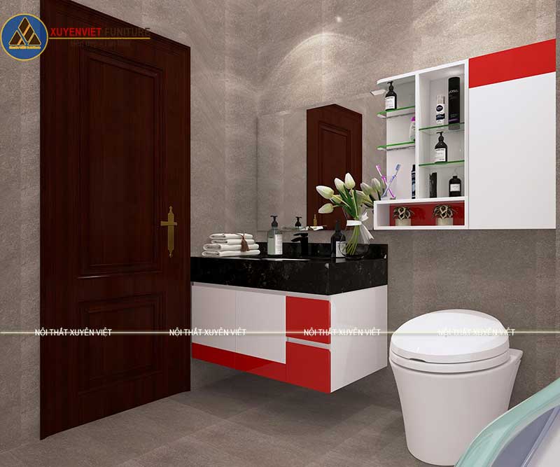 Mẫu tủ lavabo đẹp với gam màu kết hợp trắng - đỏ 