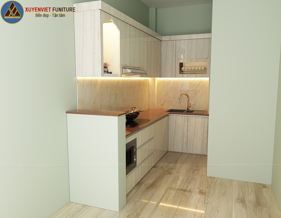 Thiết kế tủ bếp giả vân gỗ chống trầy xước nhà cô Nga – Gò Vấp