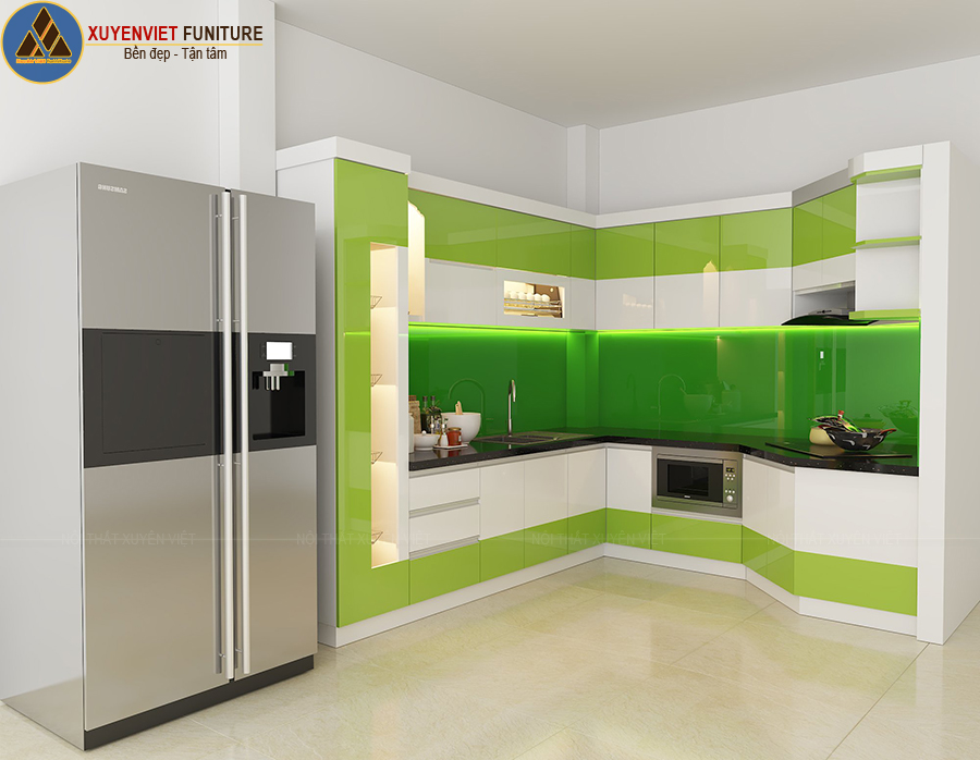 Tủ bếp nhựa hiện đại với tone xanh lá tươi mới nhà cô Linh – Tân Phú
