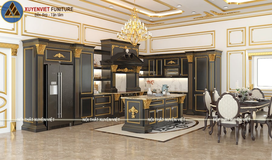 Tủ bếp tân cổ điển dát vàng cho nhà biệt thự màu đen với sức hút đầy ma lực, khó cưỡng