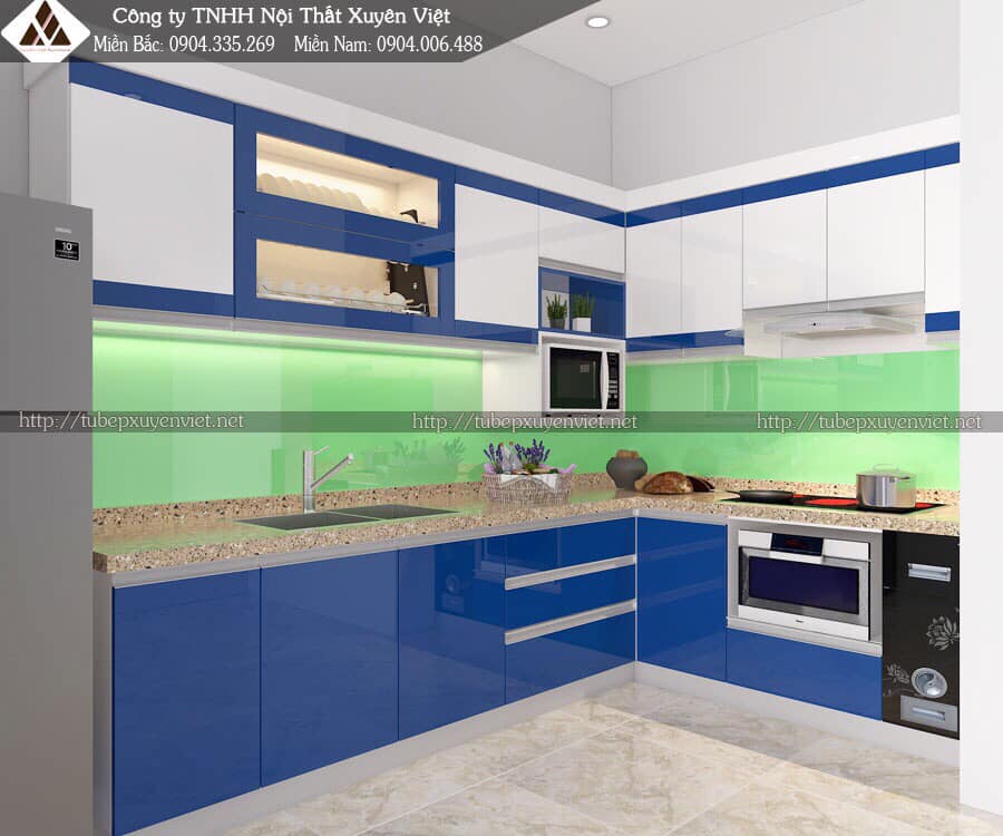 Tủ bếp màu xanh nước biển với cánh phẳng hiện đại