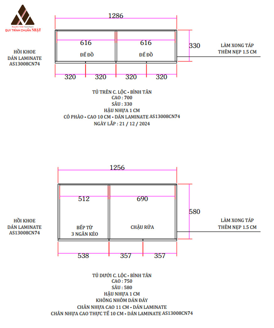 Bản vẽ kỹ thuật bộ tủ bếp phụ nhà chị Lộc