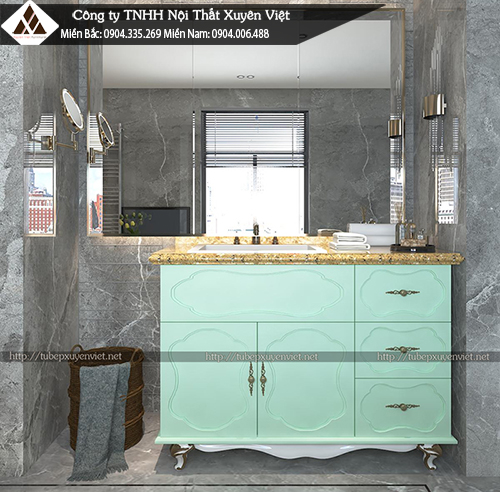 Tủ lavabo tân cổ điển màu xanh cho căn phòng tông xám, trắng XVL678