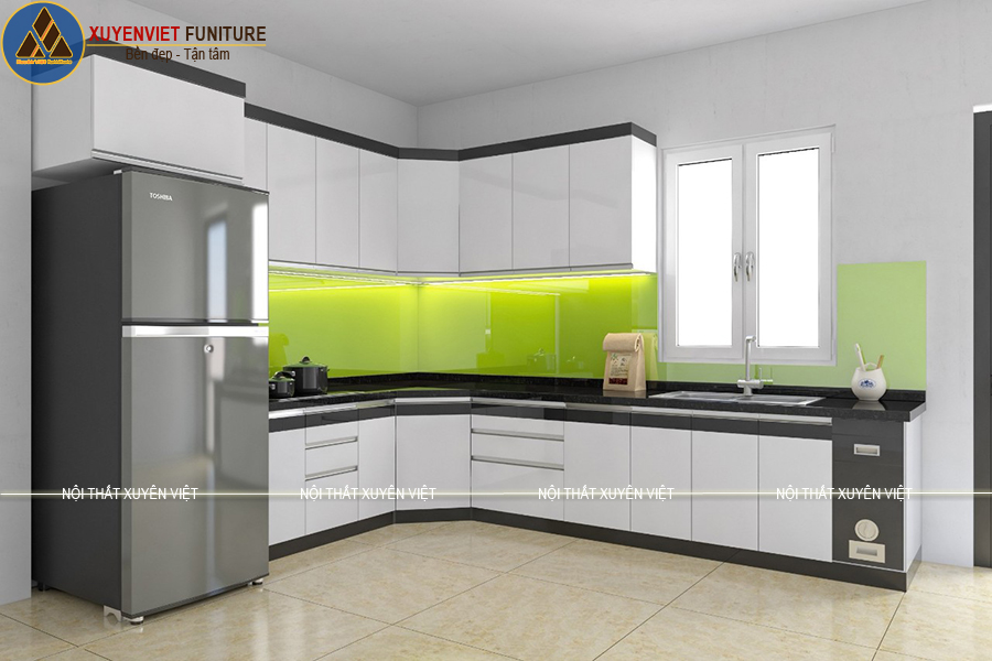Tủ bếp bằng nhựa cao cấp tông màu trắng đen nhà chị Linh – Vĩnh Long