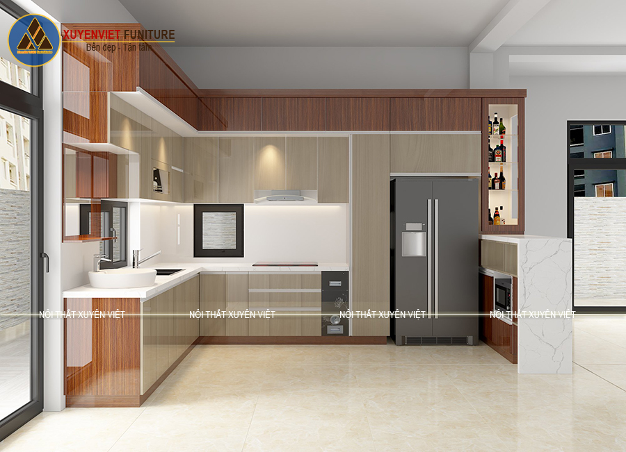 Combo tủ bếp kết hợp quầy bar và lavabo nhà chị Tuyết - Kiên Giang 