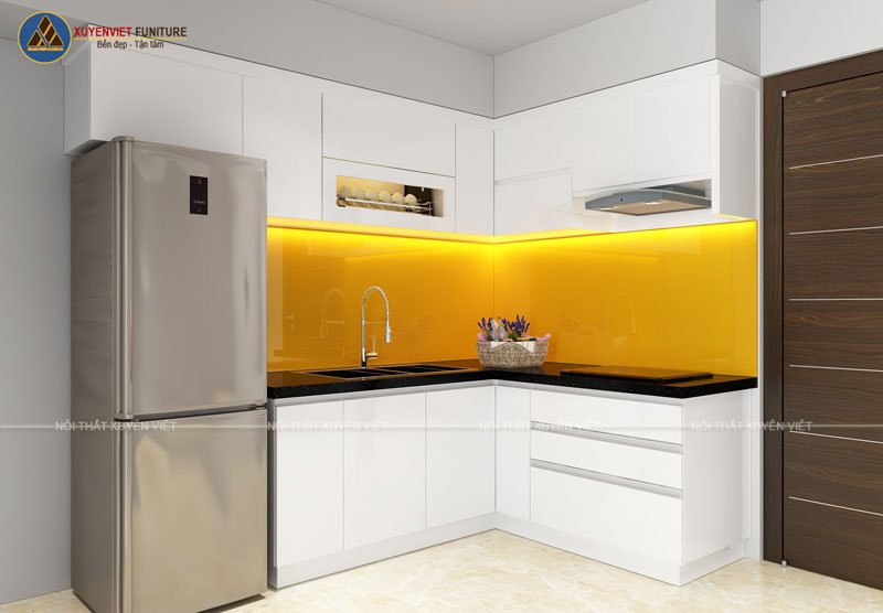 Thiết kế bộ tủ bếp nhỏ gọn tông trắng nhà chị Xuân Linh - Phú Nhuận