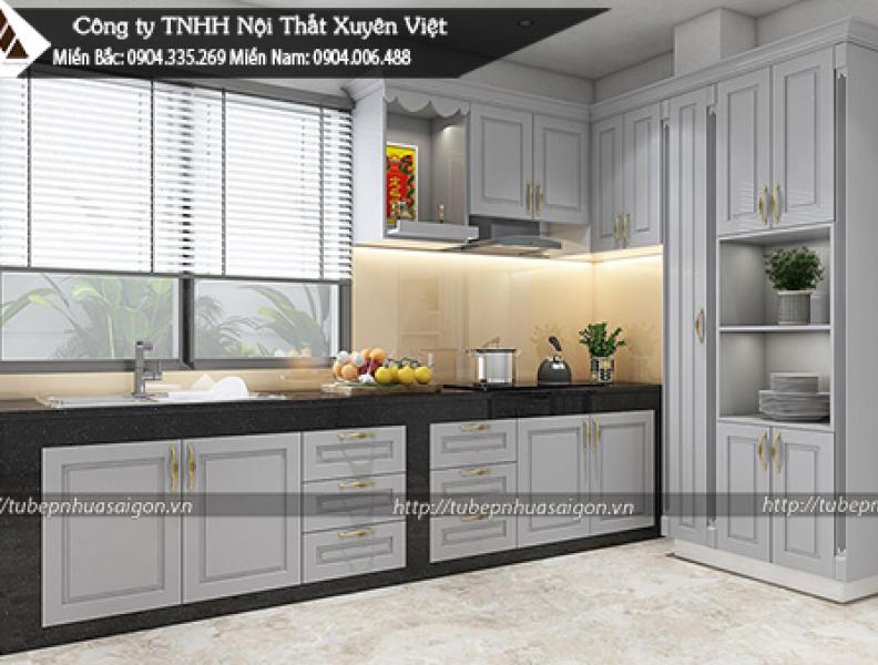 Tủ bếp màu xám cổ điển nhựa PVC thay thế tủ MDF anh Khang quận 7