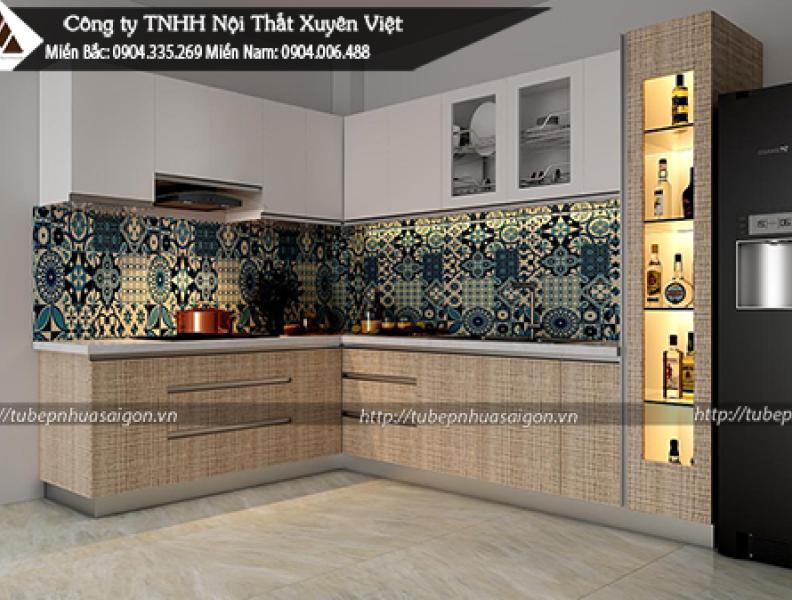   
          Tủ bếp nhựa laminate vân gỗ và trắng anh Trí quận 8 