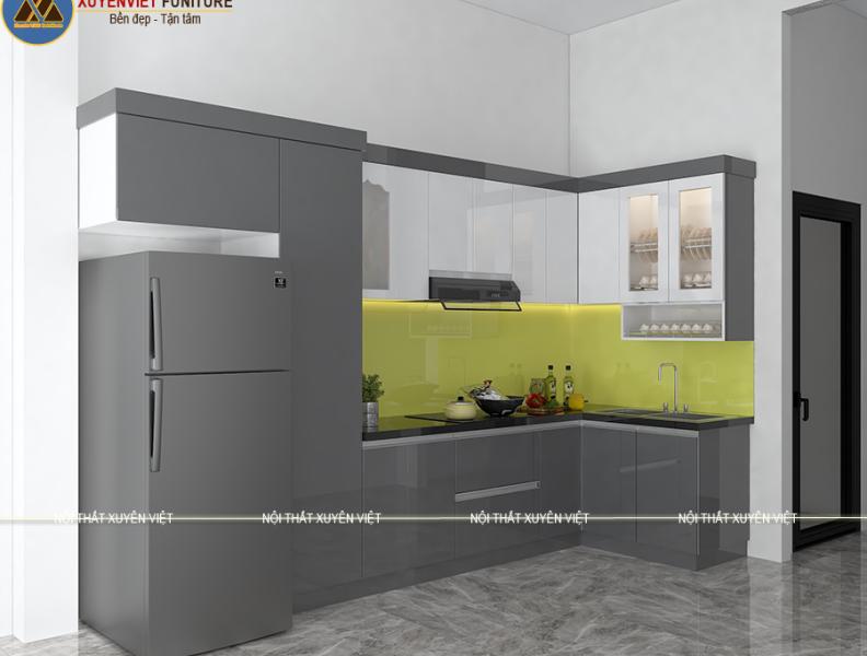 Tủ bếp acrylic hiện đại tone trắng xám nhà chị Huyền - Phú Nhuận