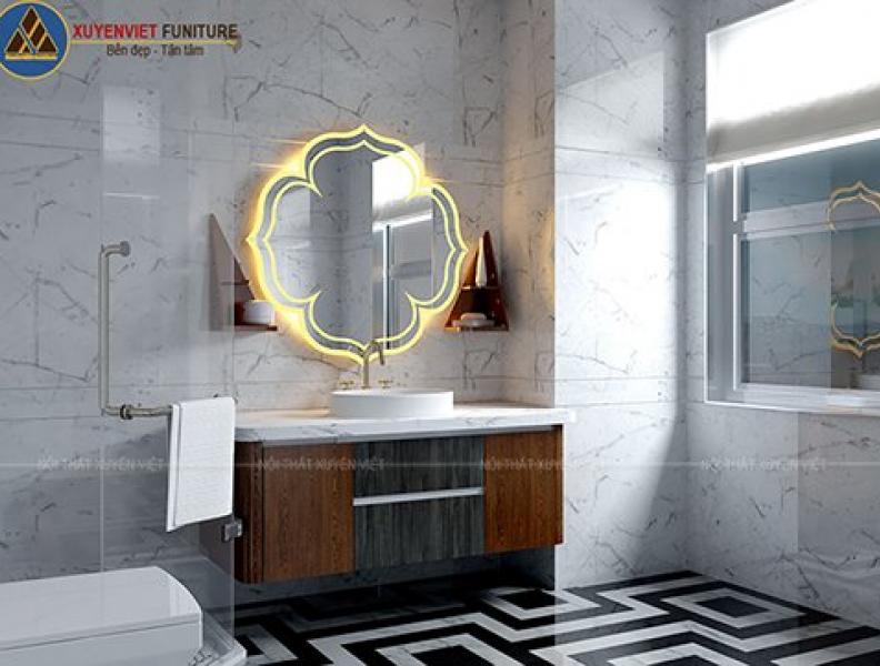 Hệ tủ lavabo phủ laminate vân gỗ kết hợp gương led XVL843