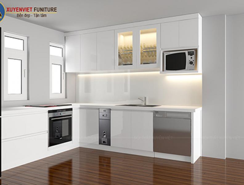   
          Tủ bếp acrylic với tone trắng hiện đại nhà anh Hiền – quận 8