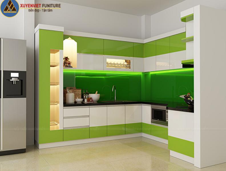   
          Tủ bếp nhựa hiện đại với tone xanh lá tươi mới nhà cô Linh – Tân Phú