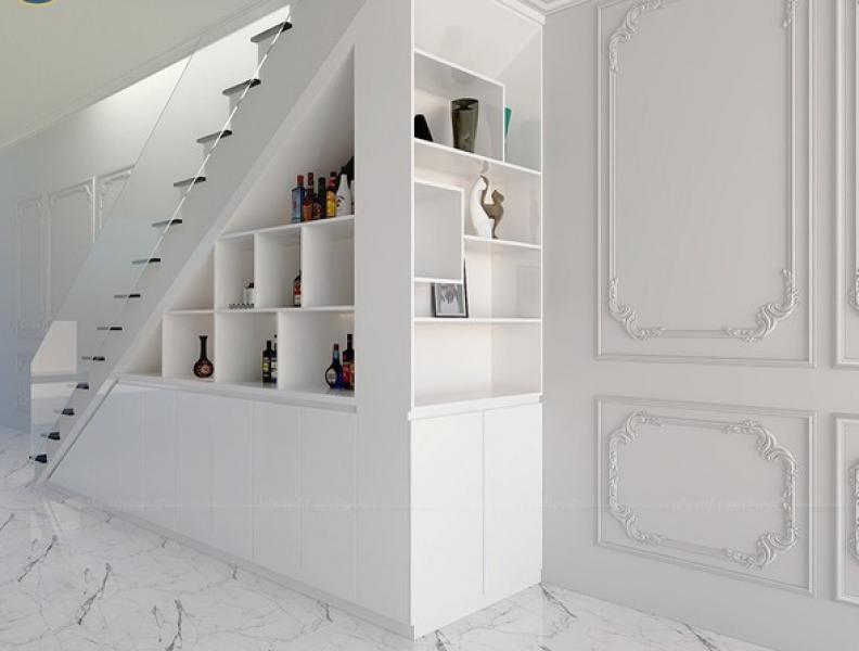 Combo tủ bếp và tủ gầm cầu thang tone trắng nhà anh Lượng – Hải Phòng