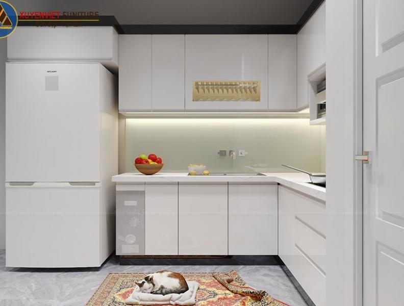 Tủ bếp bằng nhựa màu trắng tinh khiết nhà chú Trường – Hải Phòng