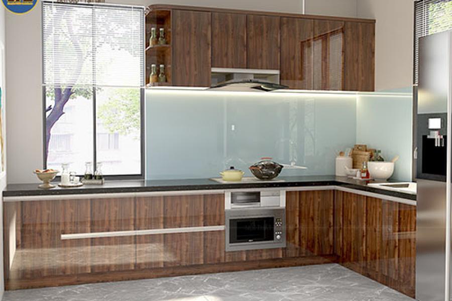   
          Tủ bếp acrylic vân giả gỗ hiện đại nhà chị Kim – Quận 9