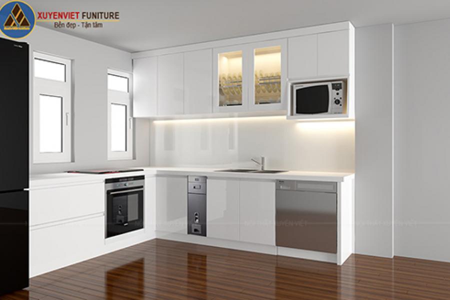   
          Tủ bếp acrylic với tone trắng hiện đại nhà anh Hiền – quận 8