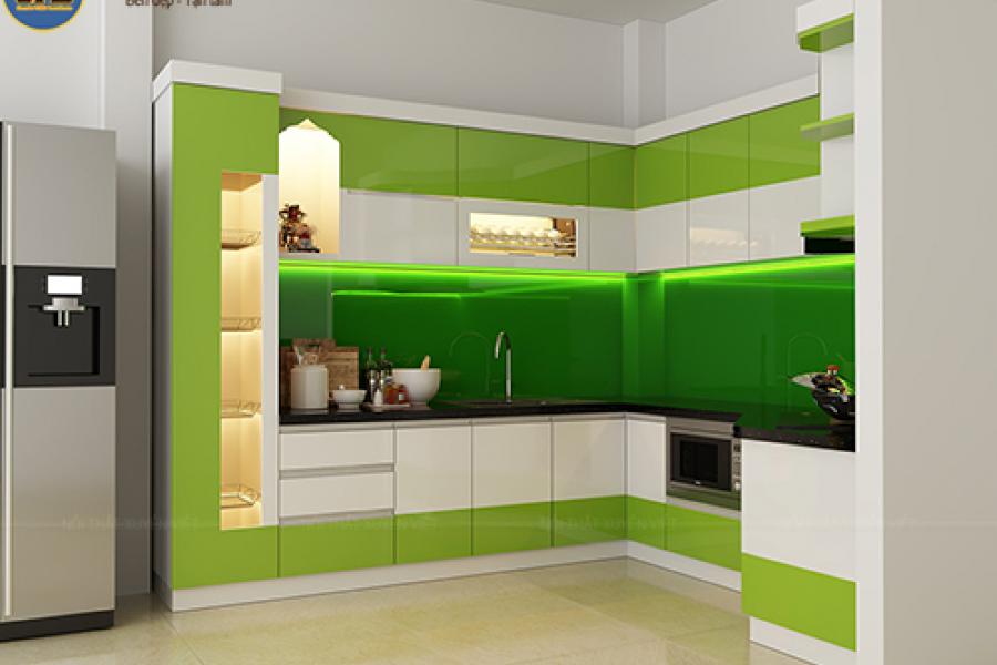   
          Tủ bếp nhựa hiện đại với tone xanh lá tươi mới nhà cô Linh – Tân Phú