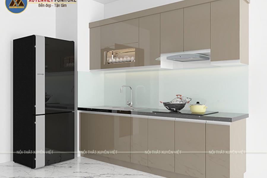   
          Tủ bếp bằng nhựa phủ acrylic bóng gương nhà anh Tuấn – Hà Nội