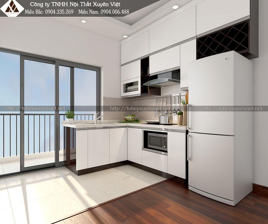 Tủ bếp nhựa chữ L Acrylic bóng gương cao cấp màu trắng- tủ bếp Xuyên Việt