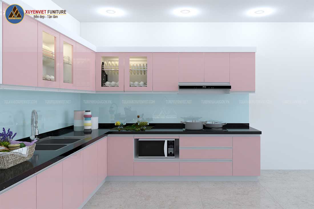 Tủ bếp màu hồng nhựa PVC Xuyên Việt 8