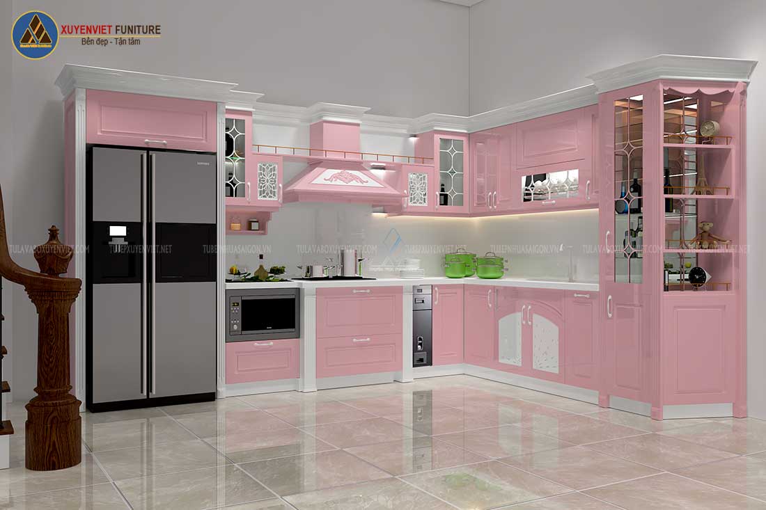 Tủ bếp màu hồng nhựa PVC Xuyên Việt 9